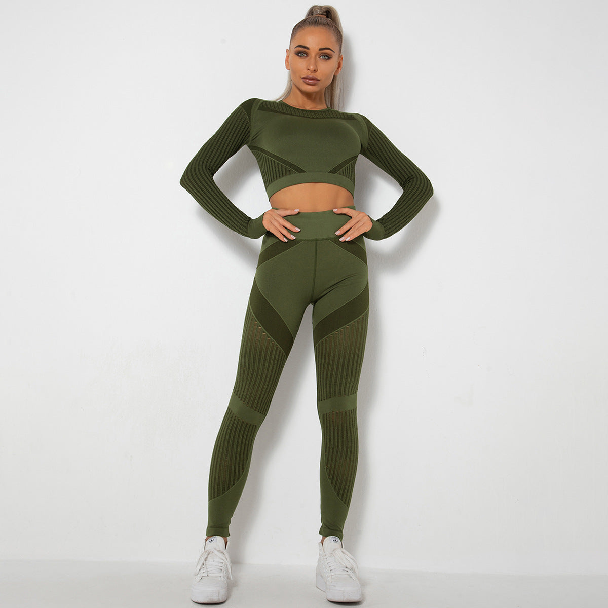 Seamless Mesh Long-Sleeved Tops & Leggings Fitness Yoga Suits Wholesale Activewear Sets