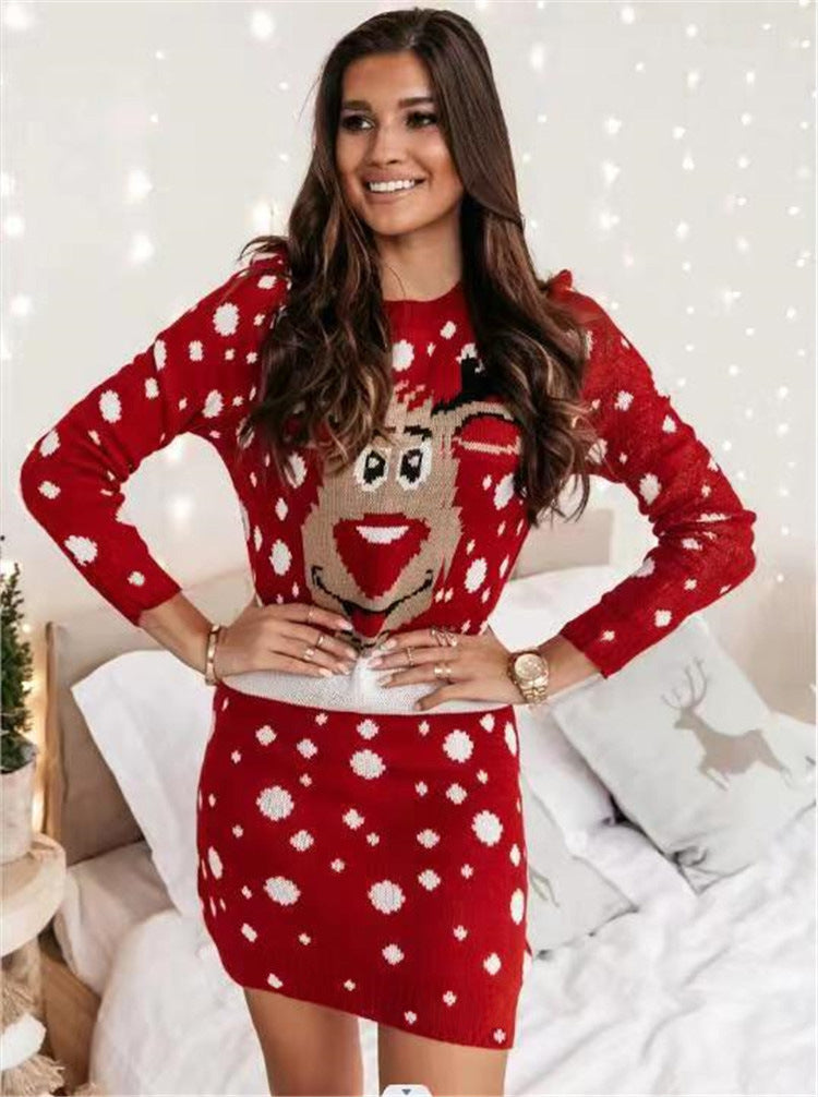 Christmas Elk Print Casual Long Sleeve Knitted Dress Wholesale Dresses