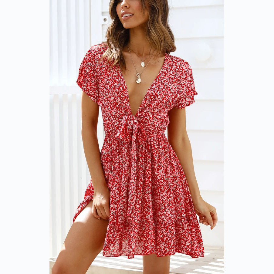 Floral Print Short Sleeve Deep-V Hollow Ruffle Dress Wholesale Dresses