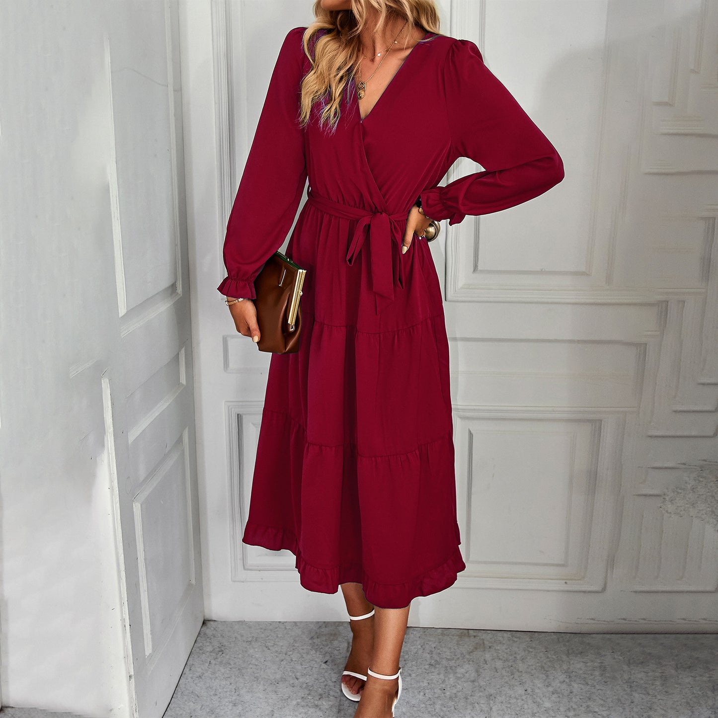 Solid Color Tie-Up Waist Long Sleeve Smocked Dress Wholesale Dresses