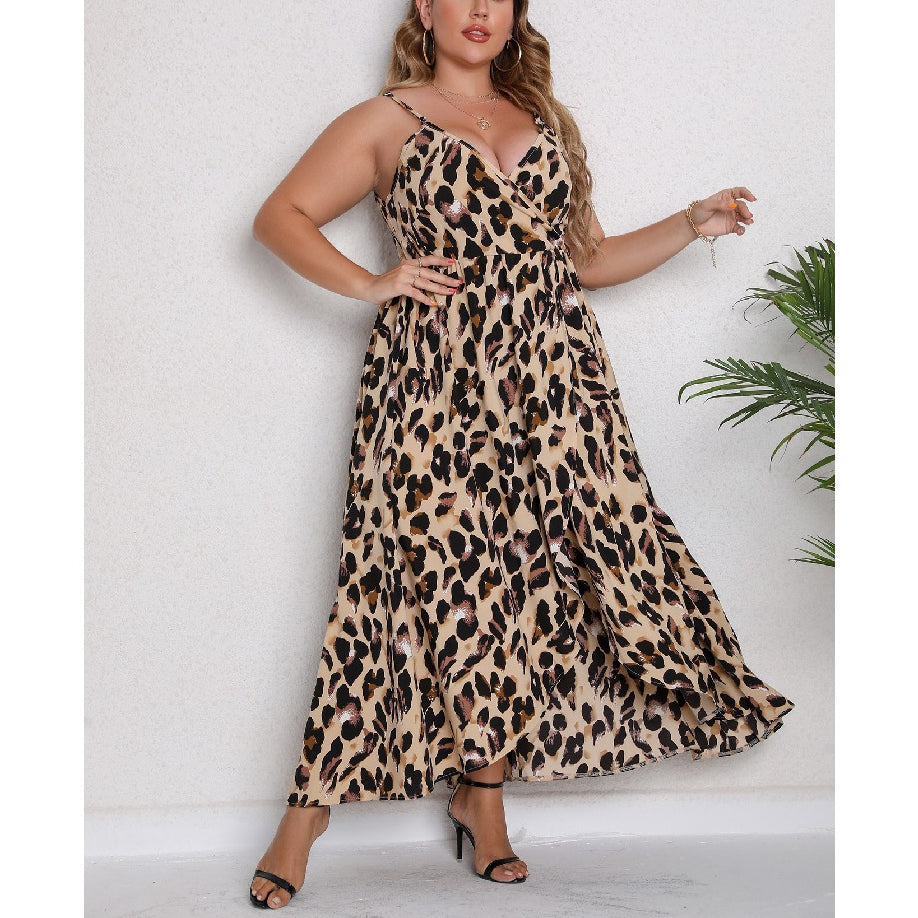 Wholesale Women'S Plus Size Clothing Sexy V Neck Suspender Leopard Print Irregular Swing Dress