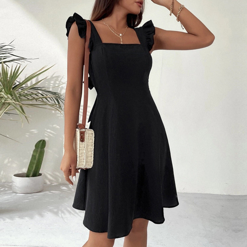 Plain Color Cap Sleeve Square Neck Wholesale A Line Dresses