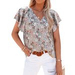 Floral Print Short Flare Sleeve V Neck Loose Womens Tops Casual Pullover Wholesale T Shirts
