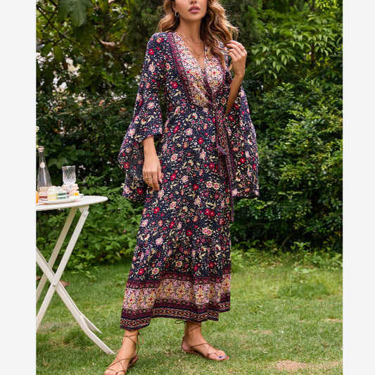 V-Neck Flared Sleeve Boho Maxi Dress Wholesale Bohemian Dress For Women