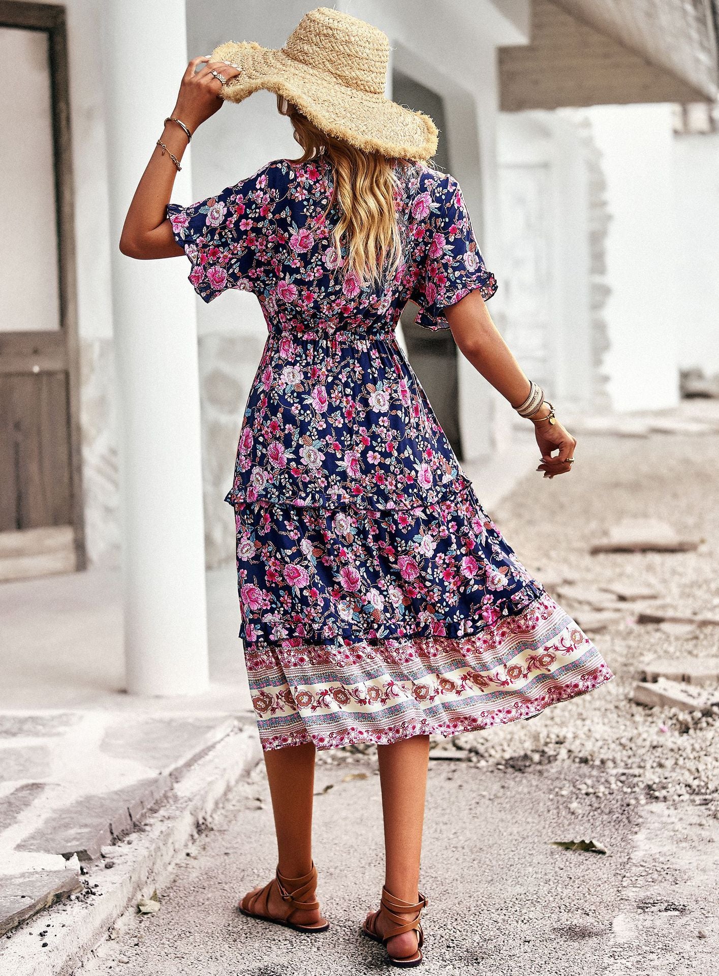 Boho Print Short Sleeve High Waist Bohemian Dress Wholesale Dresses