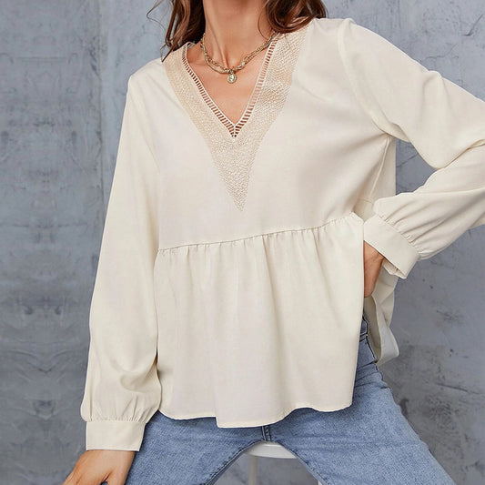 V-Neck Commuter Stitching Lace Loose-Fit Long-Sleeved Blouses Wholesale Women Top