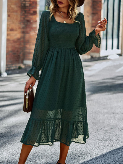 Solid Color Square Neck Long Sleeve Jacquard Dress Wholesale Dresses