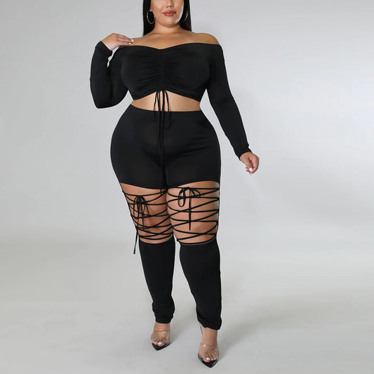 Wholesale Plus Size Women'S Clothing Solid Color Long-Sleeved One-Shoulder Drawstring Strap Tight-Fitting Two-Piece Suit