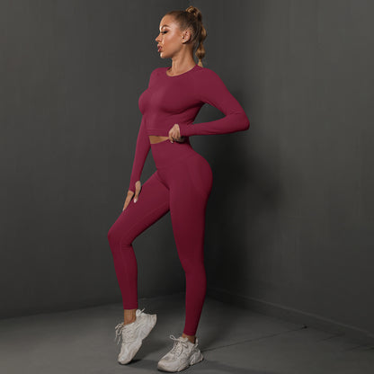 Seamless Knitted Pleated Tight Yoga Exercise Running Fitness Long Sleeve Leggings Suit Wholesale Women Clothing