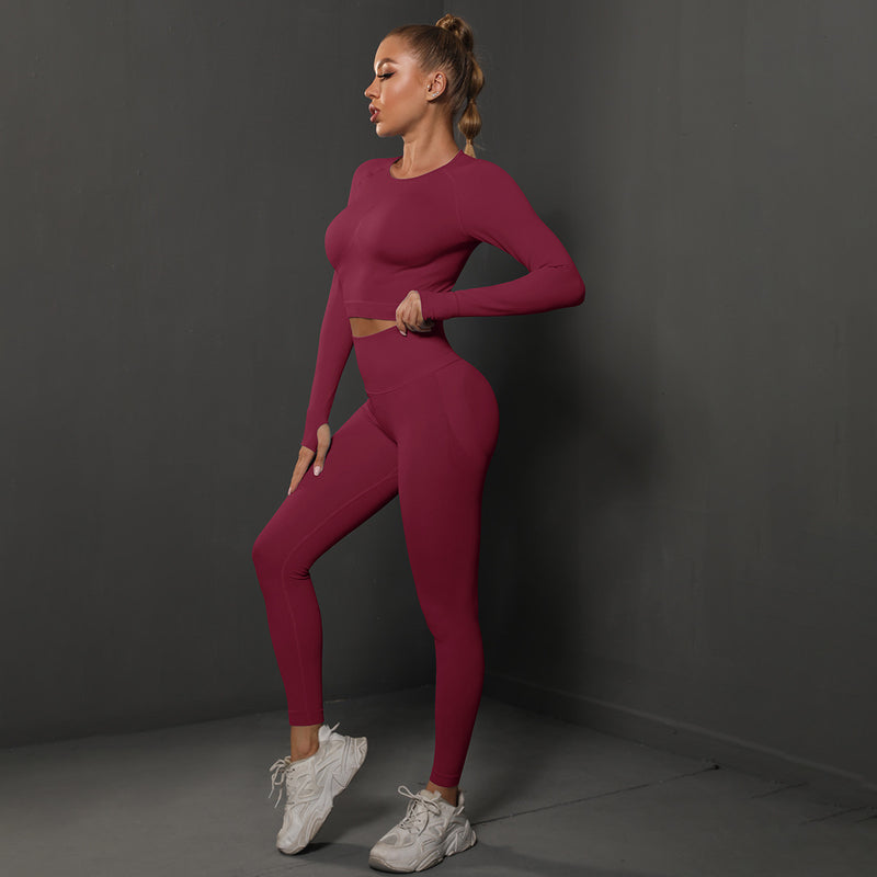 Seamless Knitted Pleated Tight Yoga Exercise Running Fitness Long Sleeve Leggings Suit Wholesale Women Clothing
