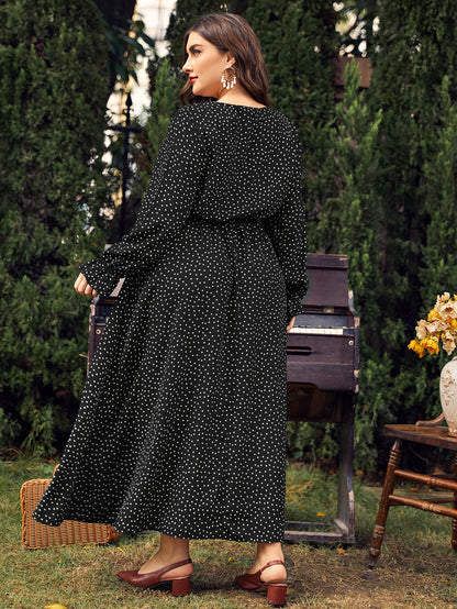 Chiffon Polka Dot Curvy Dress High Waist Long Sleeve Dresses Wholesale Plus Size Clothing