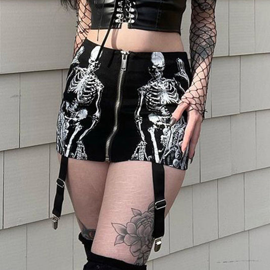 Dark Punk Personality Trend Street Zipper Skull Print Skirt Wholesale Women'S Bottom