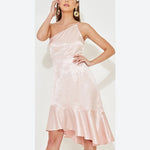 Slanted Shoulder Solid Color Irregular Midi Ladies Evening Satin Dress Ruffles Wholesale Dresses