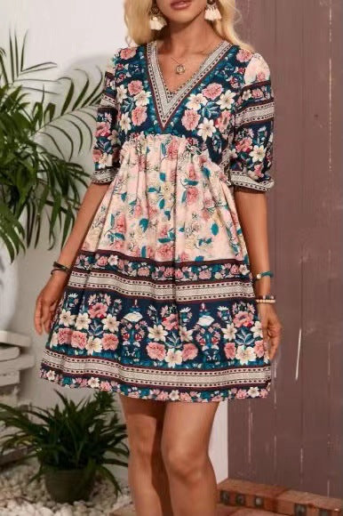 Printed V Neck Puff Sleeve Boho Dress Wholesale Bohemian Dress For Women