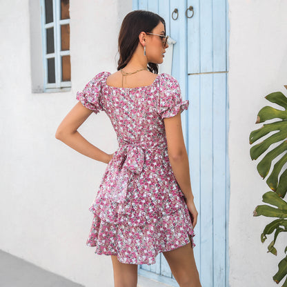 Floral Print Puff Sleeve Square Neck Ruffle Hem Wholesale A Line Dresses