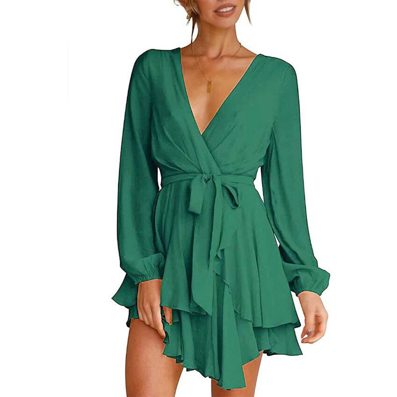 Solid Color Long Sleeve V Neck Irregular Wholesale Ruffle Dresses