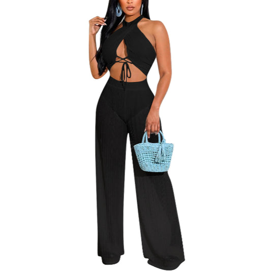 Summer Halterneck Lace Up Crop Top+Long Pants Wholesale Two Piece Sets