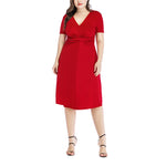 Short Sleeve V-Neck Slit Midi Curvy Dresses Wholesale Plus Size Clothing