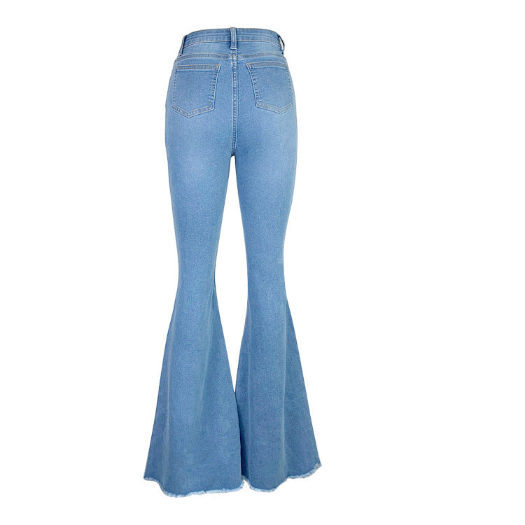 Women Destroyed Flare Jeans Elastic Waist Bell Bottom Frayed Hem Wholesale Denim Pants