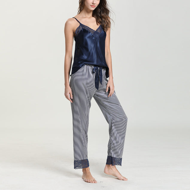 Striped Print Womens 2 Piece Sets Satin Lace Camisole & Trousers Homewears Pajamas Wholesale Loungewear