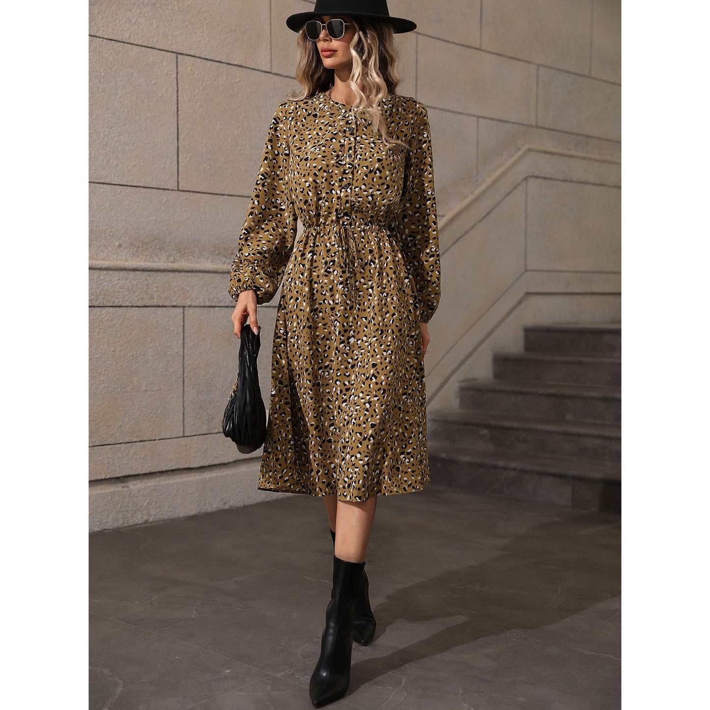 Casual Printed Round Neck Lantern Sleeves Midi Dress Wholesale Dresses