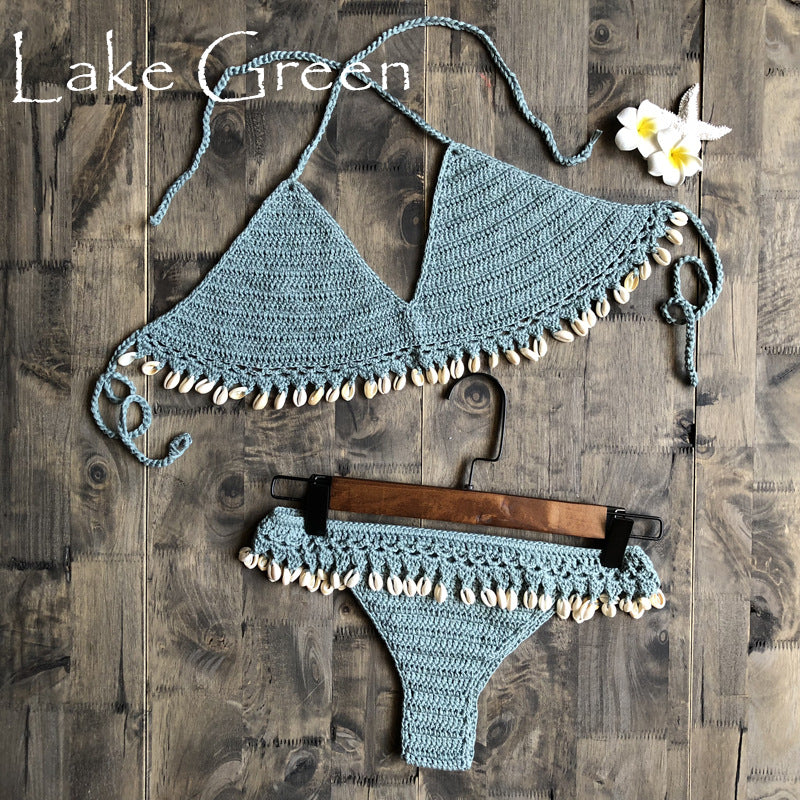 Cotton Woven Hand Crochet Sexy Womens Bikini Shell Split Swimsuit Wholesale Womens Swimwear