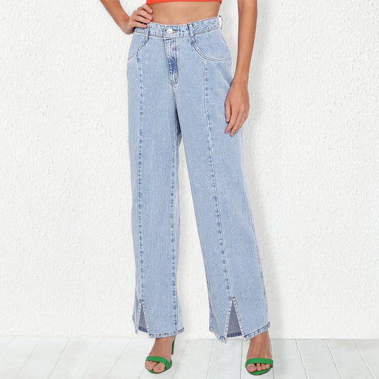 Casual Solid Color High Waist Split Denim Pants Wholesale Jeans