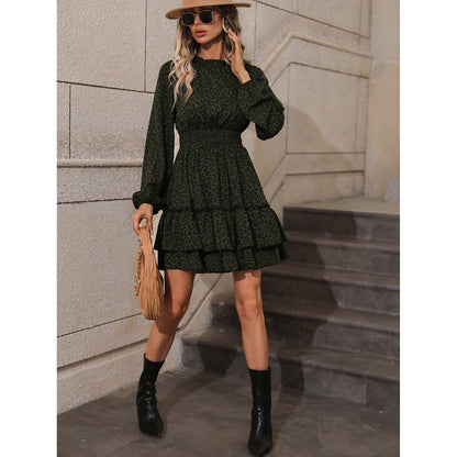 Leopard Print Stand Collar Long-Sleeve Waist Ruffled Dress Wholesale Dresses