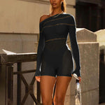 Sexy Mesh See-Through Hollow Long-Sleeved One-Shoulder Bodysuit Shorts Wholesale Women Clothing