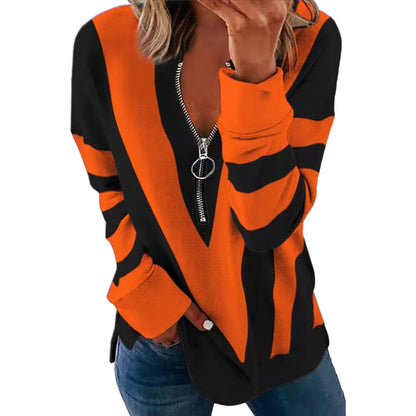 Women Fashion Color Block Long Sleeve Zipper V Neck Wholesale Blouses