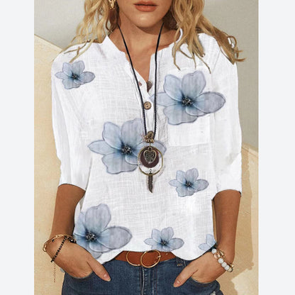 Fashion Print V-Neck Tops Buttons Mid-Sleeve Loose Womens T Shirts Wholesale