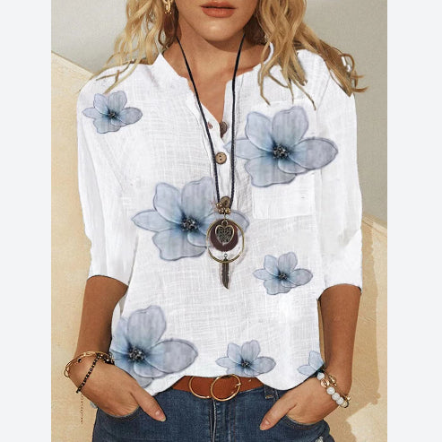 Fashion Print V-Neck Tops Buttons Mid-Sleeve Loose Womens T Shirts Wholesale