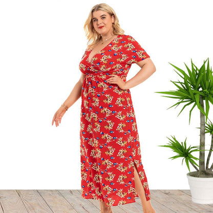 Floral Printed Deep V Slit Short Sleeve Fashion Curve Maxi Dresses Wholesale Plus Size Clothing