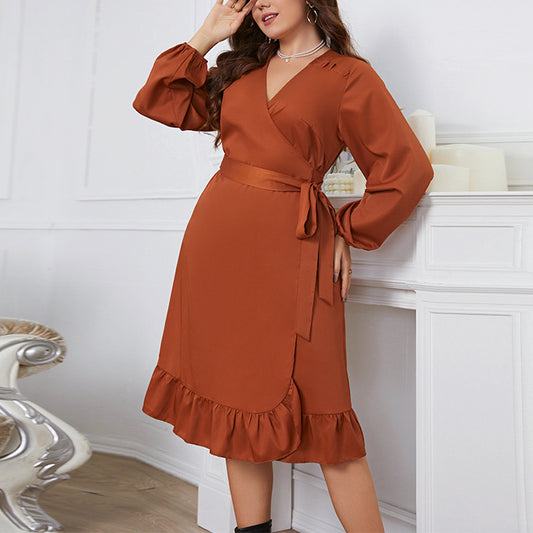 Long Sleeve Tie-Up Waist Long Sleeve Ruffled Wrap Curvy Dresses Wholesale Plus Size Clothing N5323021500042