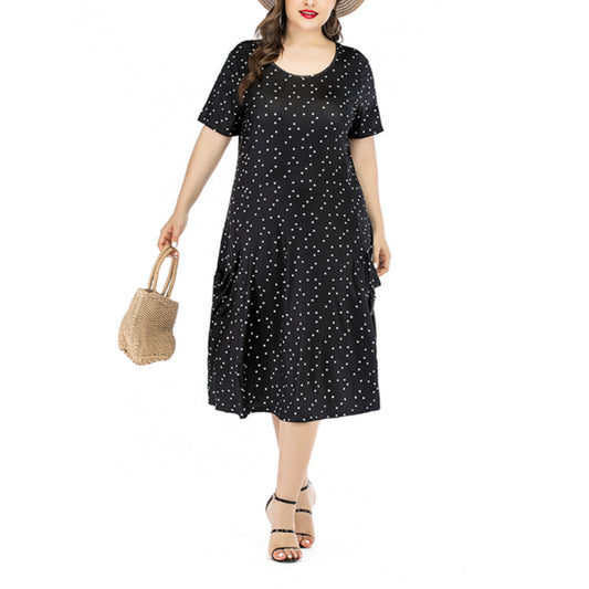 Polka Dot Print Short Sleeve Casual Curvy Dresses Wholesale Plus Size Clothing