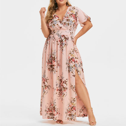 V Neck Floral Print Nipped Waist Slit Curvy Maxi Dresses Wholesale Plus Size Clothing