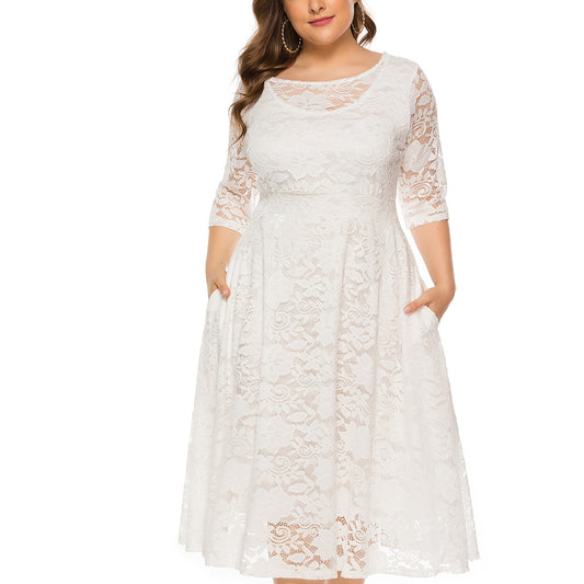 Sexy Hollow Lace Mid-Sleeve Midi Dress With Pockets A-Line Solid Color Dresses Wholesale Plus Size Clothing