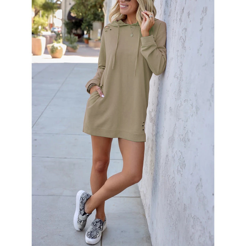 Hollow Loose Long-Sleeved Hooded Solid Color Mid-Length Sweatshirt Wholesale Women Tops
