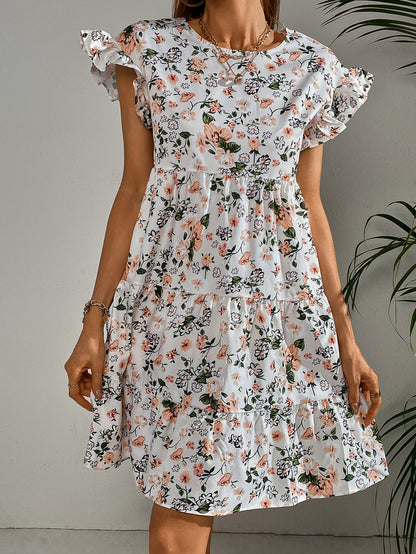 Fashion Casual Floral Tiered Dress Round Neck Loose Short Sleeve Wholesale Dresses