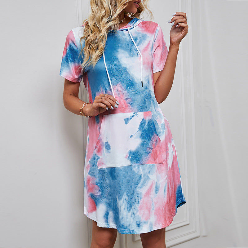 Tie-Dye Print Short-Sleeved Loose Casual Sweatshirt Dress Wholesale Dresses
