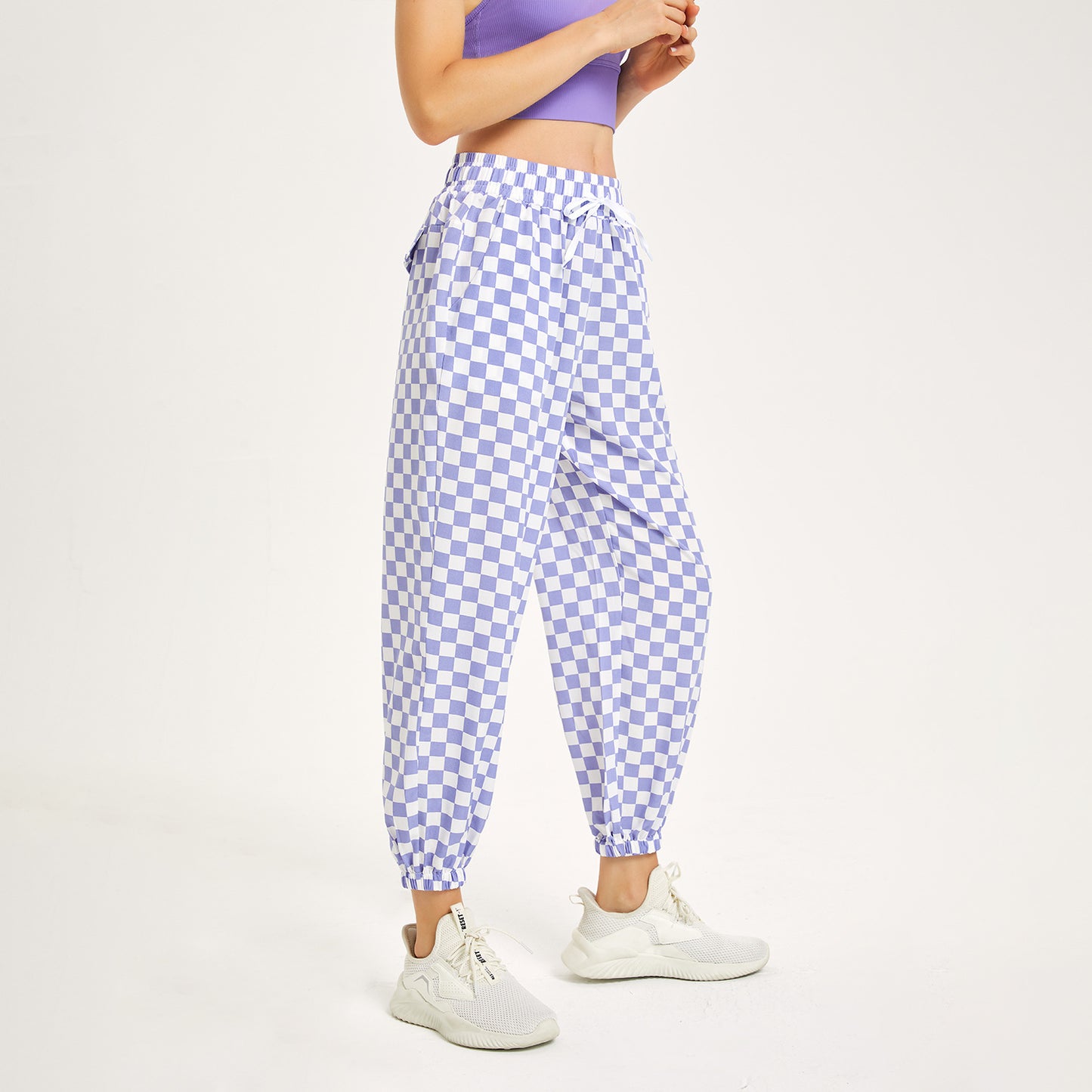 Casual Checkerboard High Waist Drawstring Loose Exercise Running Pants Wholesale Activewear