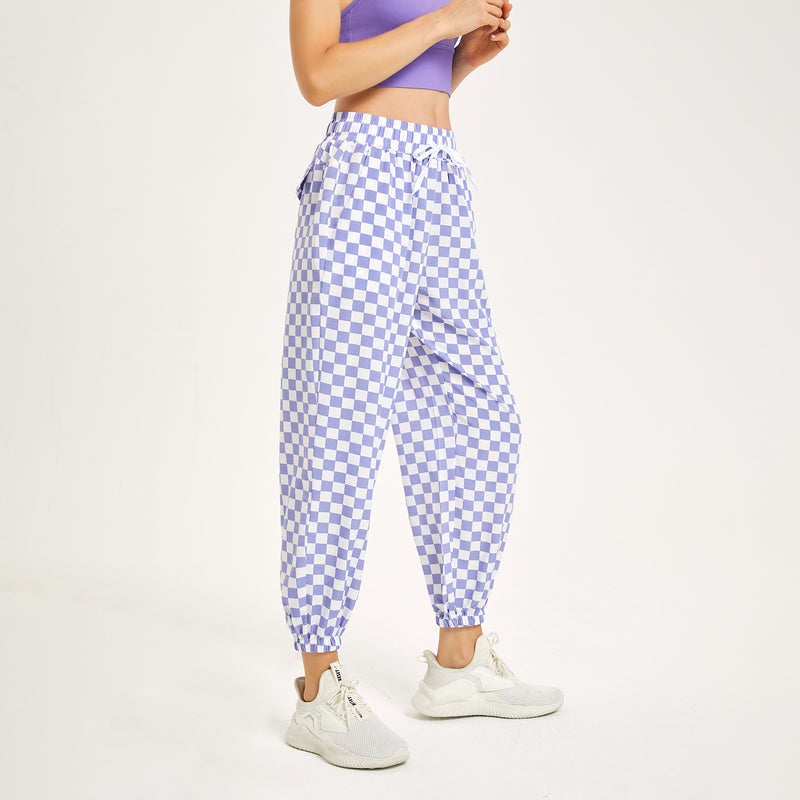 Casual Checkerboard High Waist Drawstring Loose Exercise Running Pants Wholesale Activewear