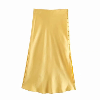 Solid Color High Waist Single Breasted Slit Slim Business Casual Women A-Line Satin Skirts Wholesale