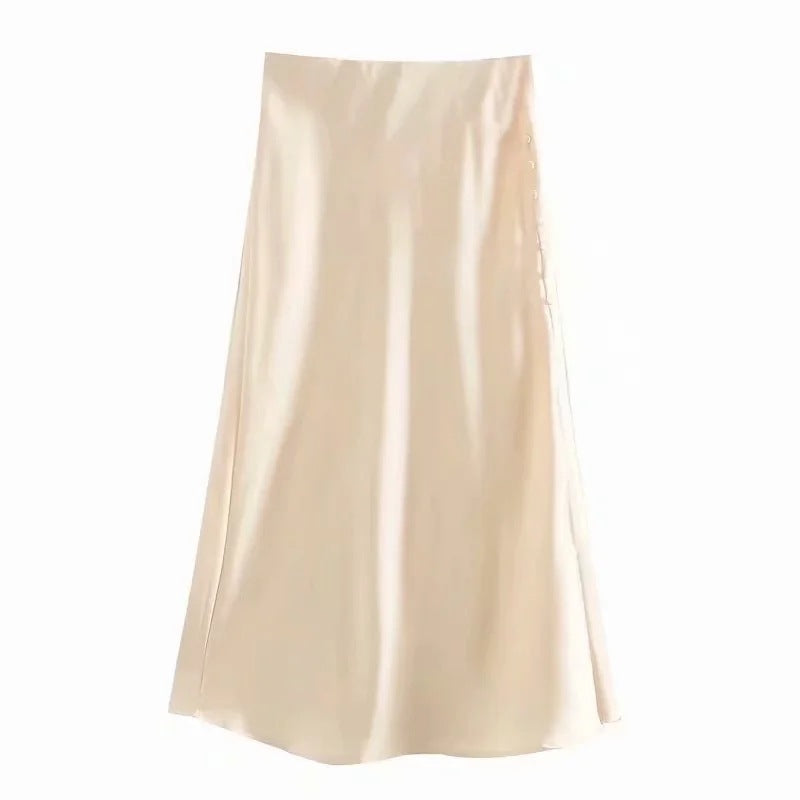 Solid Color High Waist Single Breasted Slit Slim Business Casual Women A-Line Satin Skirts Wholesale