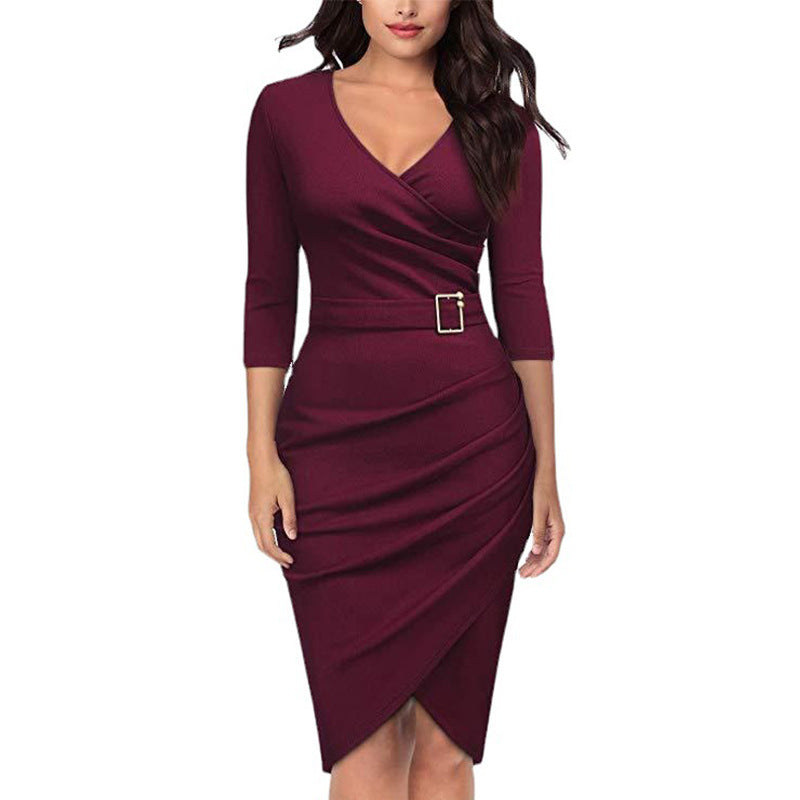 Elegant Bag Hip Solid Color Wrap Business Dress With Belt Wholesale Dresses