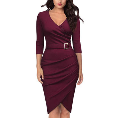 Elegant Bag Hip Solid Color Wrap Business Dress With Belt Wholesale Dresses