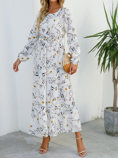 Fashion Print Chiffon High Waist Dress Casual Long Sleeve Round Neck A-Line Wholesale Dresses