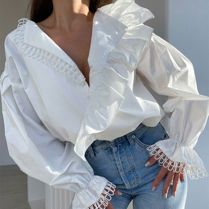 Fashion Patchwork Shirt  Deep V Neck Ruffle Long Sleeve Blouse with Button Wholesale Women Clothing