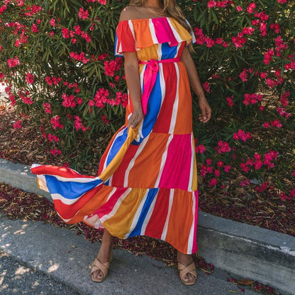 Off Shoulder Color Block Ruffle Hem Wholesale Maxi Dresses