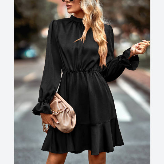 Solid Color Long Sleeve High Neck Ruffled Dress Wholesale Dresses